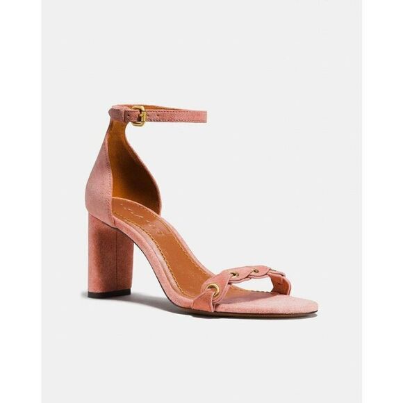 Coach Link Heel Sandal Women 9.5 Pink Peony Suede Ankle Strap G2058 - Picture 1 of 11